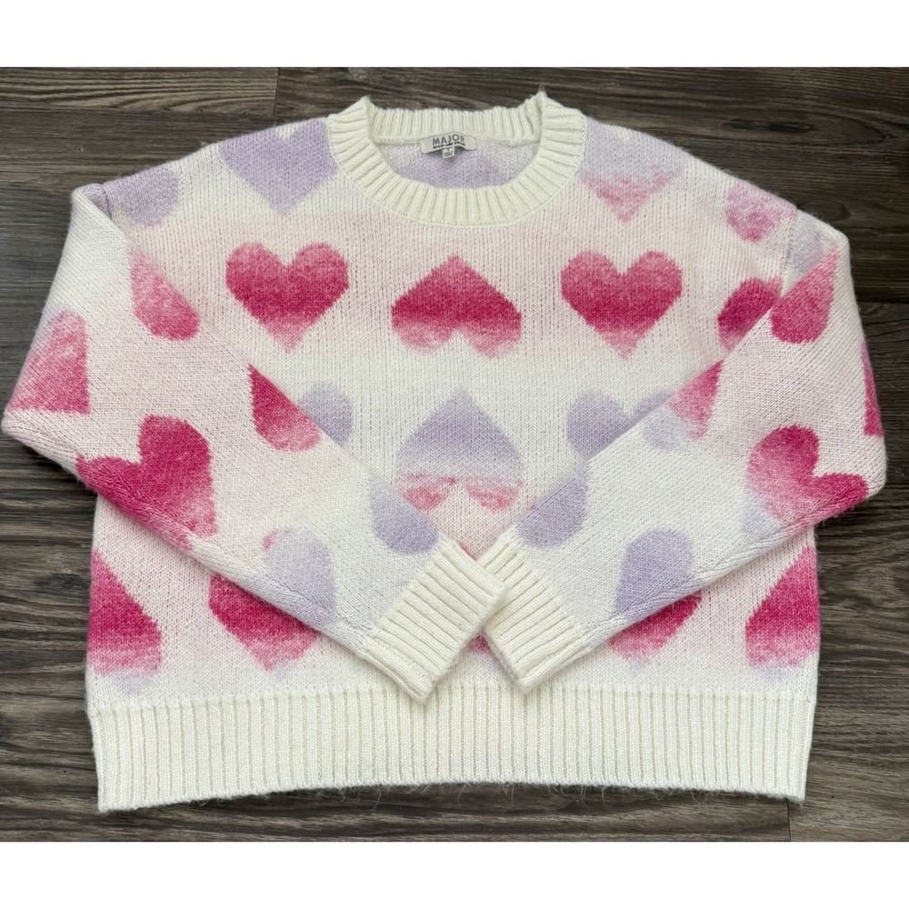 Ombré Heart Print Fuzzy Sweater Y2K Coquette Soft Girl Cottagecore Romanticore S